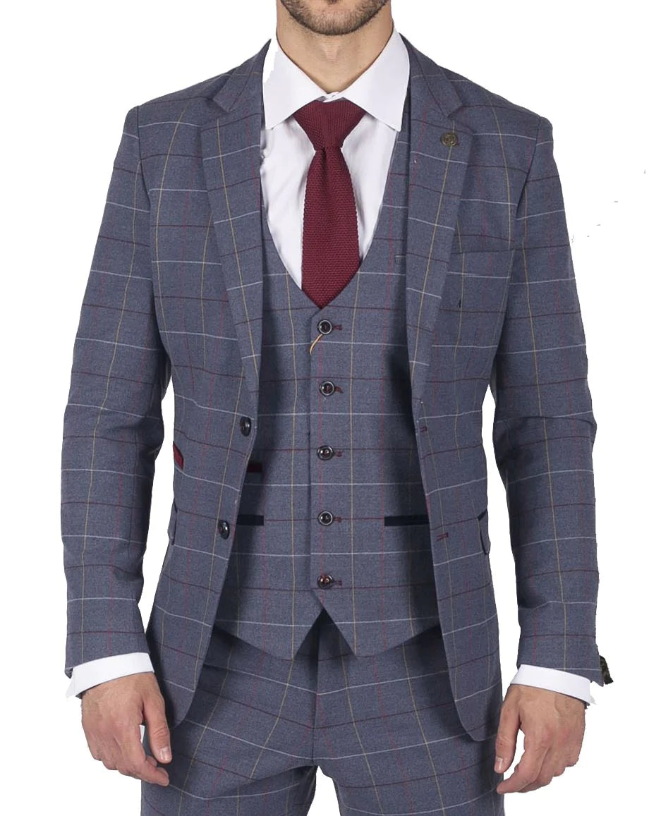 Moška obleka Marc Darcy modro-sivo-rdeče karo, 3-delna, elegantna, tvid, slim fit, Drake