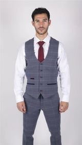 Moški Marc Darcy modro-sivo-rdeč karo telovnik elegantnega ležernega tvida slim fit drake