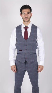 Moški Marc Darcy modro-sivo-rdeč karo telovnik elegantnega ležernega tvida slim fit drake