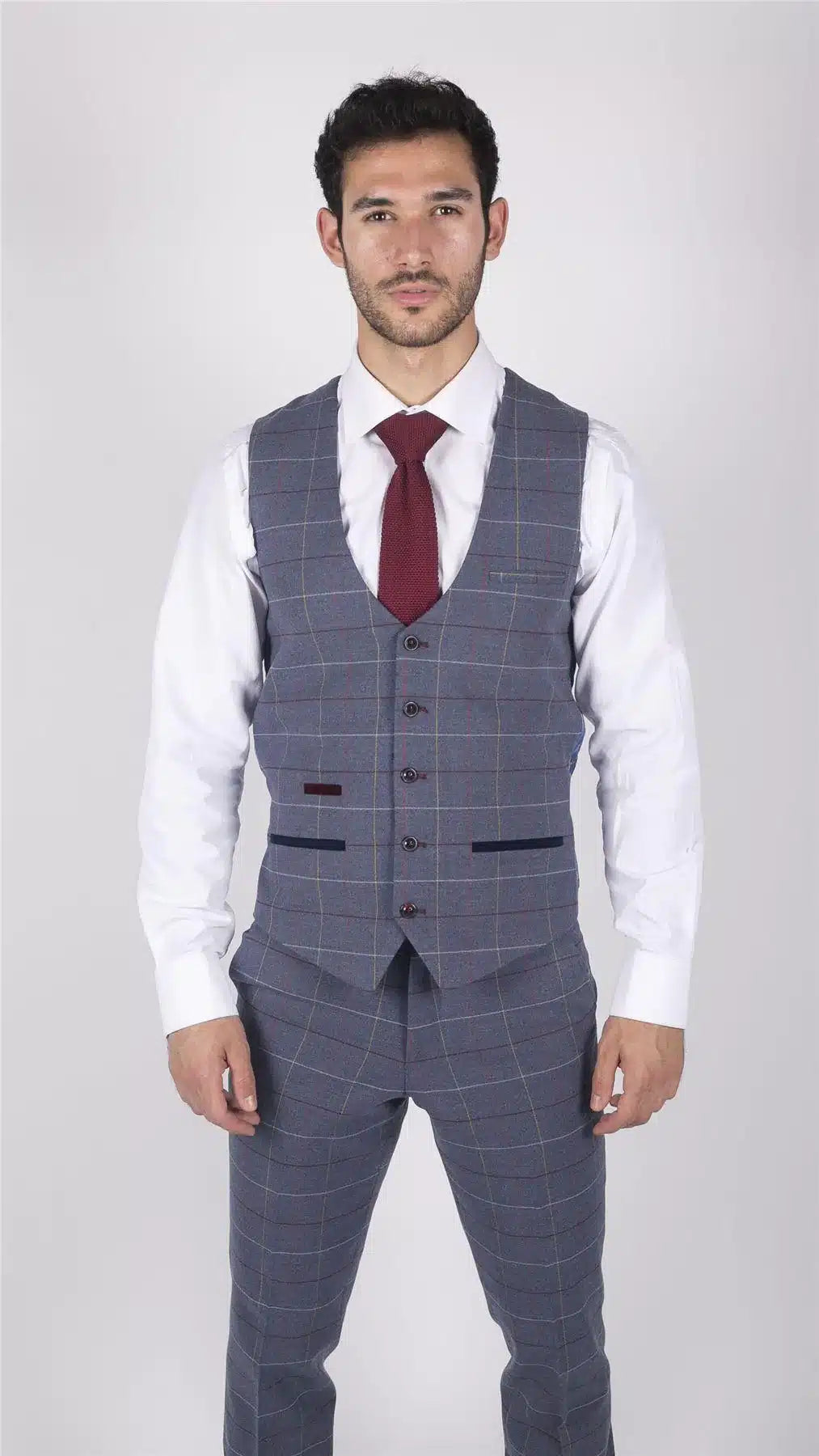 Moški Marc Darcy modro-sivo-rdeč karo telovnik elegantnega ležernega tvida slim fit drake