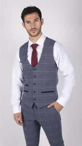 Moški Marc Darcy modro-sivo-rdeč karo telovnik elegantnega ležernega tvida slim fit drake