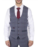 Moški Marc Darcy modro-sivo-rdeč karo telovnik elegantnega ležernega tvida slim fit drake