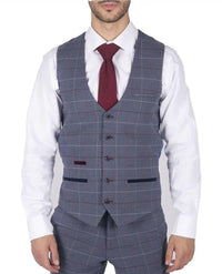 Moški Marc Darcy modro-sivo-rdeč karo telovnik elegantnega ležernega tvida slim fit drake