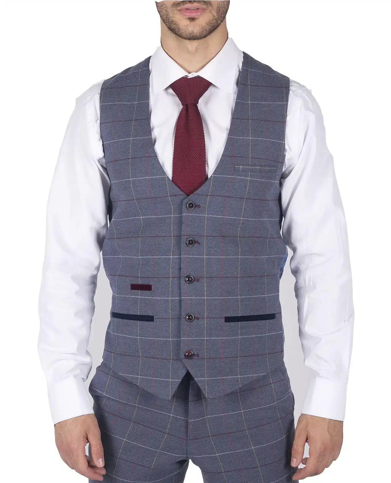 Moški Marc Darcy modro-sivo-rdeč karo telovnik elegantnega ležernega tvida slim fit drake