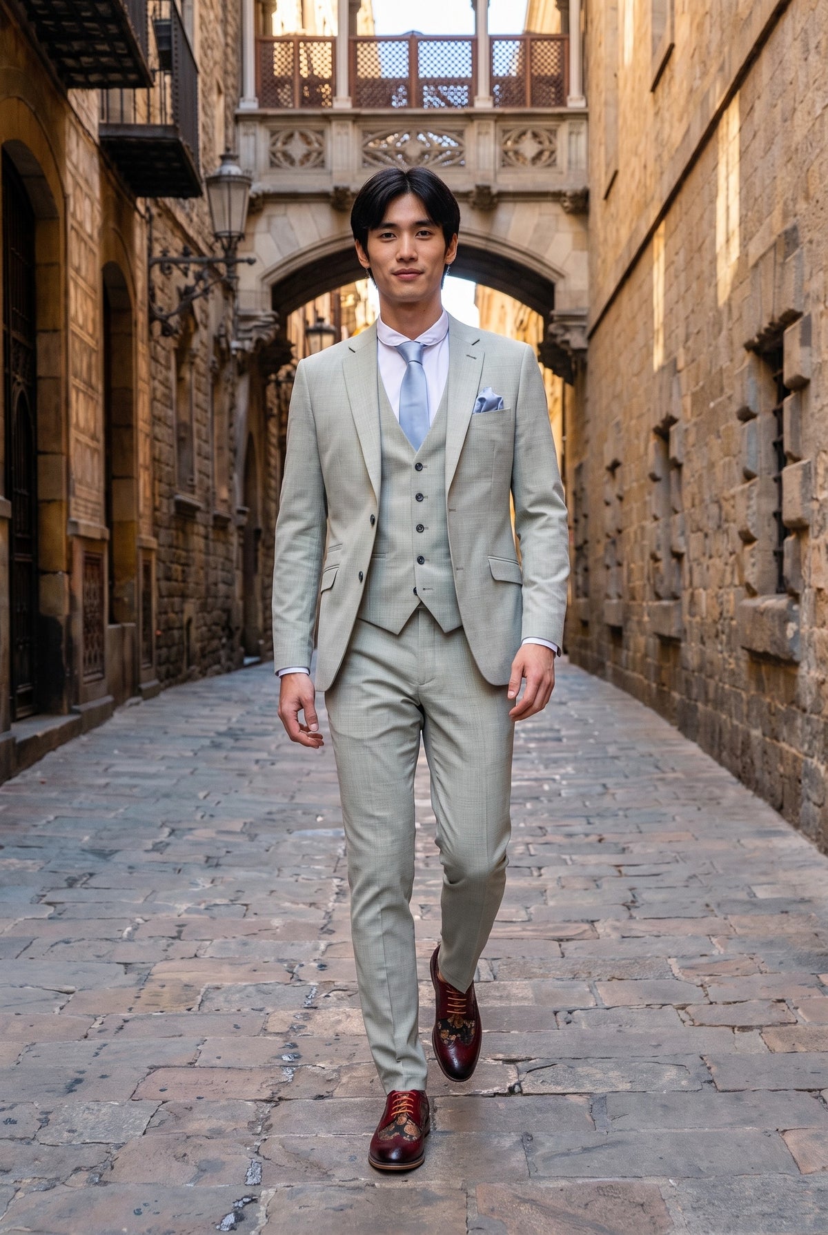 Look #238 styled with Camden - Moška žajbljevo zelena 3-delna obleka po meri