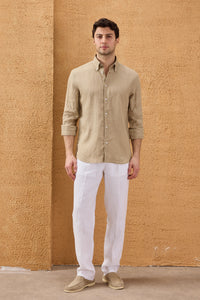 Moška temno bež srajca z dolgimi rokavi in gumbi iz čistega lana