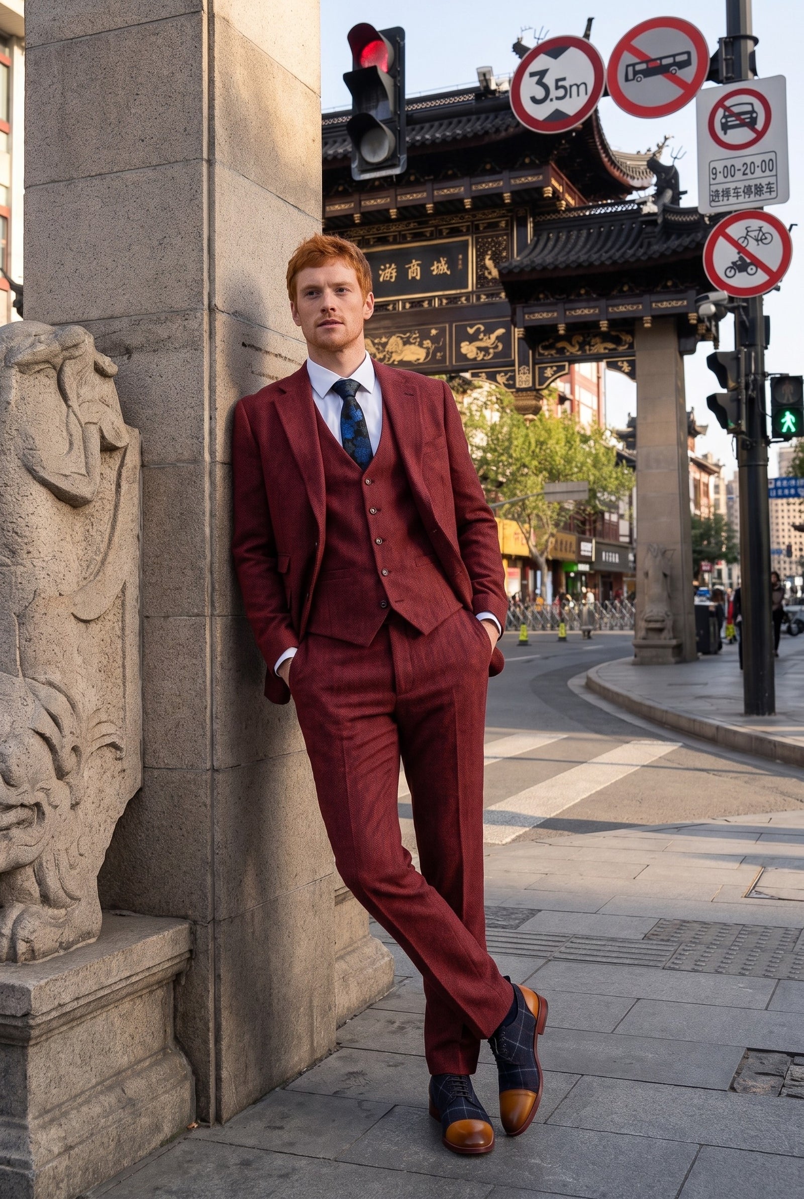Look #271 styled with Moška 3-delna obleka iz tvida z vzorcem ribje kosti v vinsko-bordo barvi - STZ11