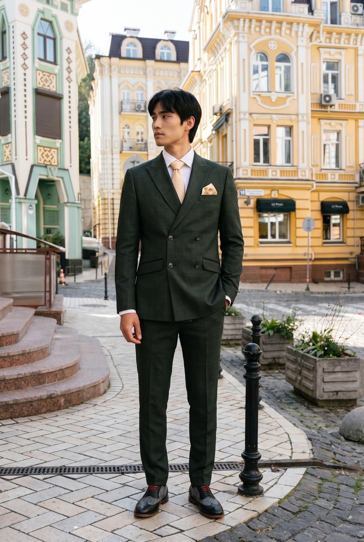 Look #780 styled with Caridi - Moška dvodelna olivno zelena obleka z dvojnim zapenjanjem