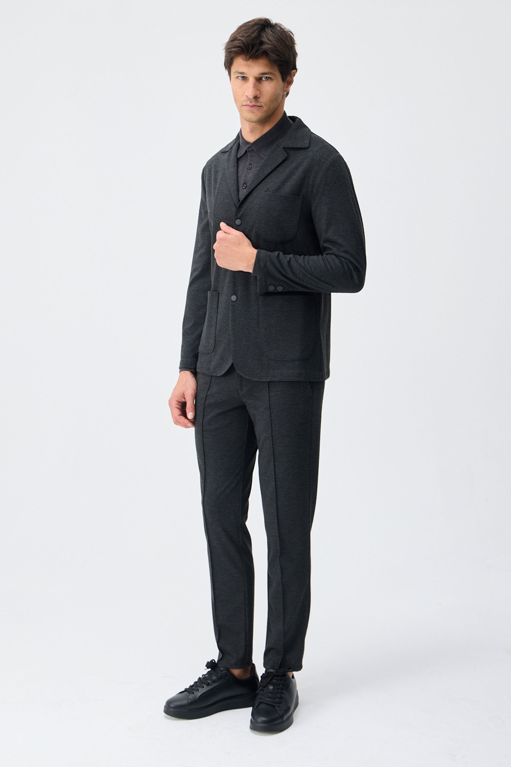 Moški ogleno modri mehki džersi blazer elegantna casual jakna
