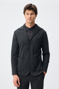 Moški ogleno moder komplet elegantnega casual obleke, suknjiča in hlač iz mehkega džersija