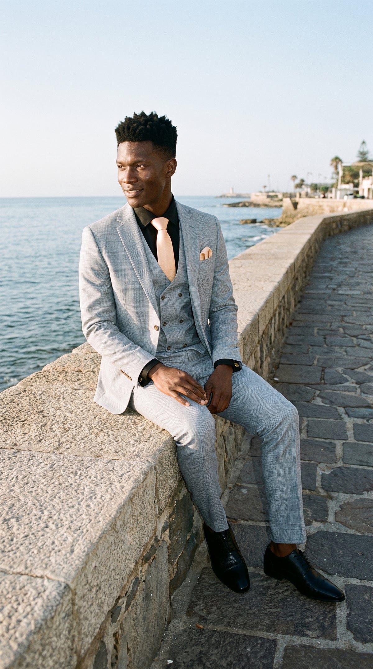 Look #493 styled with Luis - Moška svetlo modra karo obleka slim fit 3 kosi