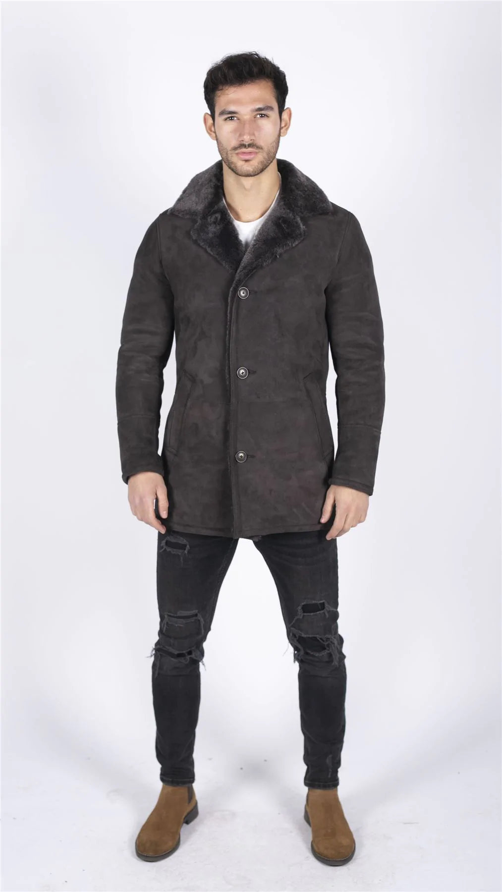 Moški plašč iz prave ovčje kože, rjav, vintage, klasičen 3/4 suknjič z gumbi in V-izrezom