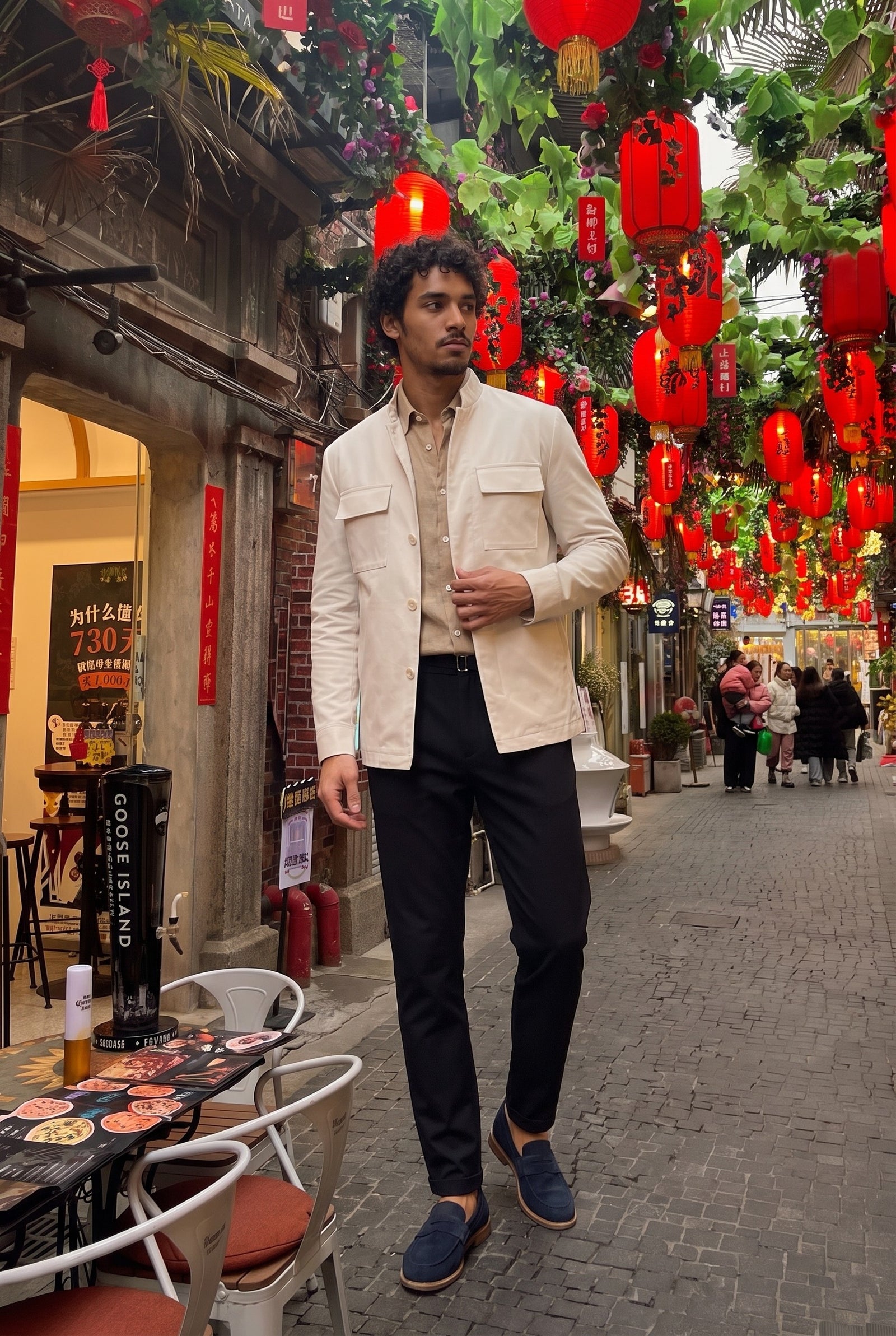 Look #851 styled with Moške črne nagubane hlače Gurkha z nastavljivim pasom, krojene, zožene