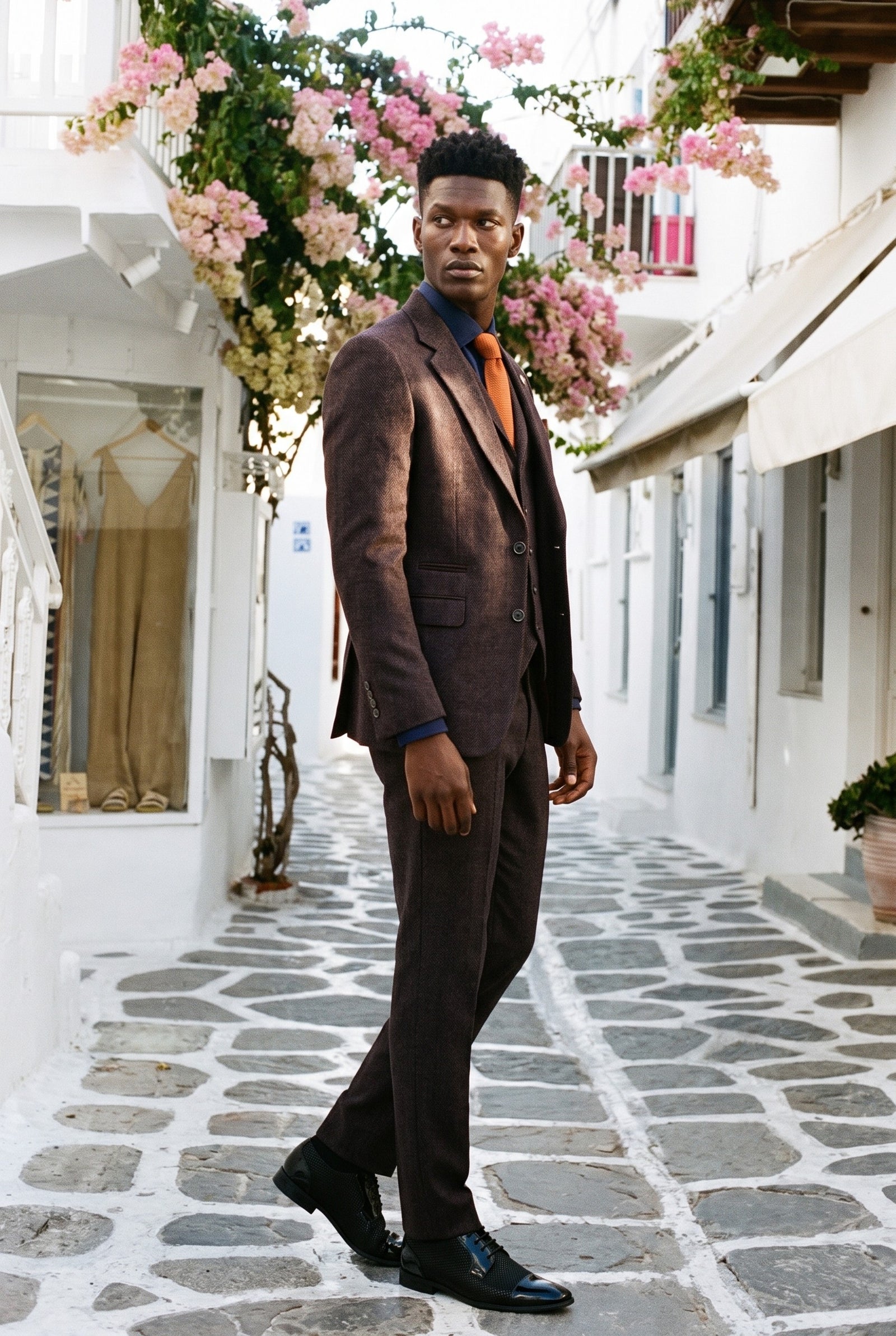 Look #993 styled with Moška 3-delna obleka iz tvida s slivovim vzorcem ribje kosti