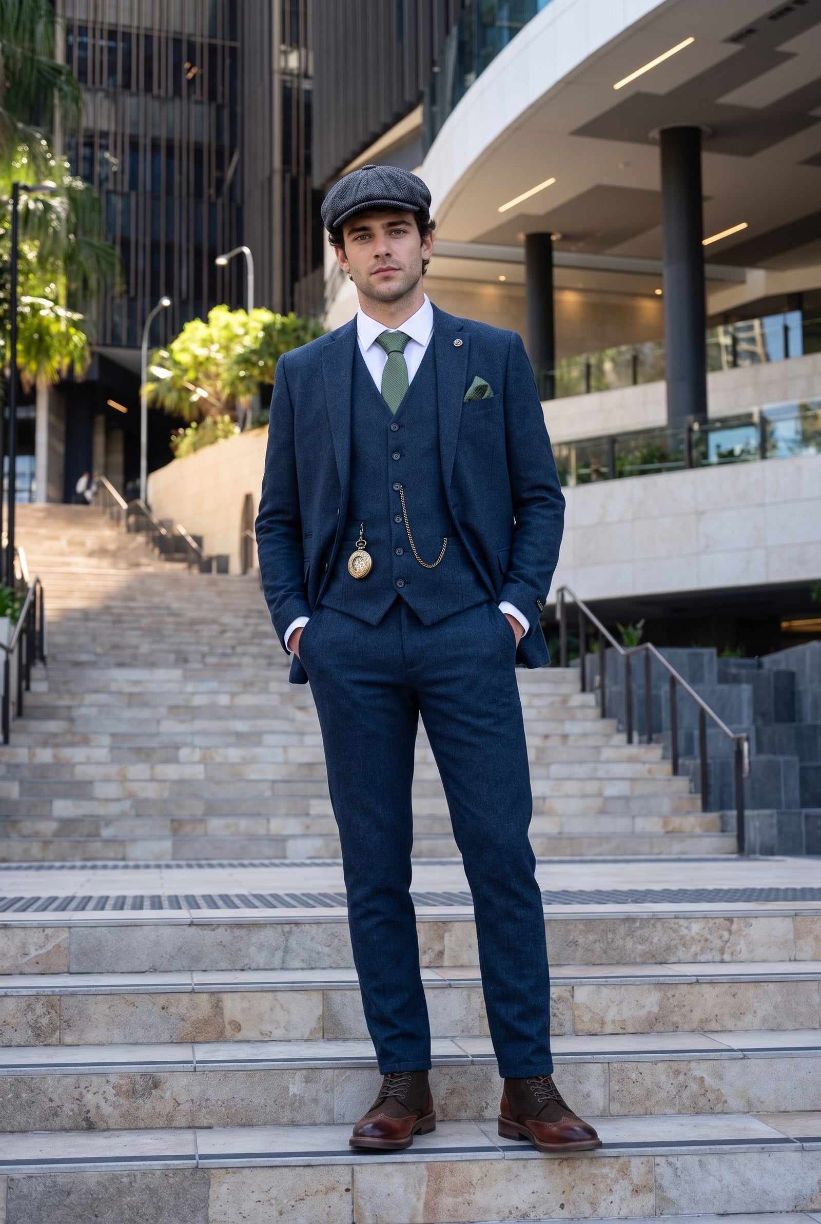 Look #385 styled with Moška temno modra volnena obleka Peaky Blinders