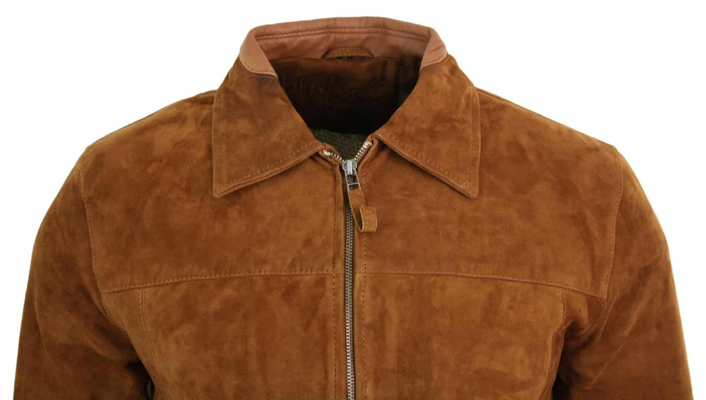 Infinity G500 Suede - moška klasična jakna z zadrgo iz pravega usnja, kamelja barva, ovratnik z zavihanim ovratnikom, vintage retro