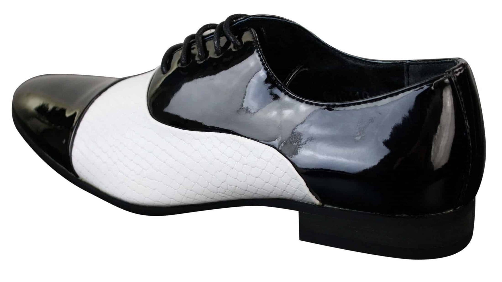 Moški elegantni sijoči lakirani usnjeni čevlji iz italijanskega dizajna s vezalkami, črno-beli