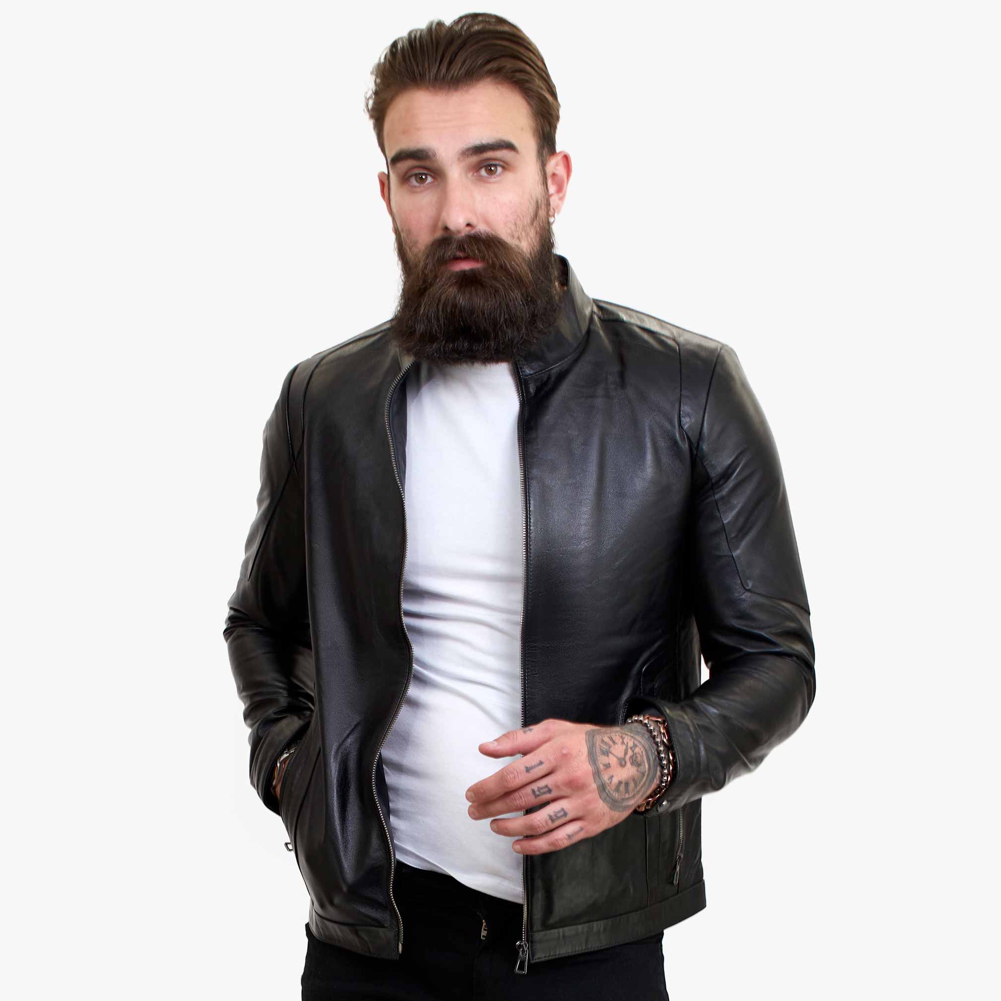 Happy Gentleman B102 - Moška črna motoristična jakna iz pravega usnja, krojen kroj
