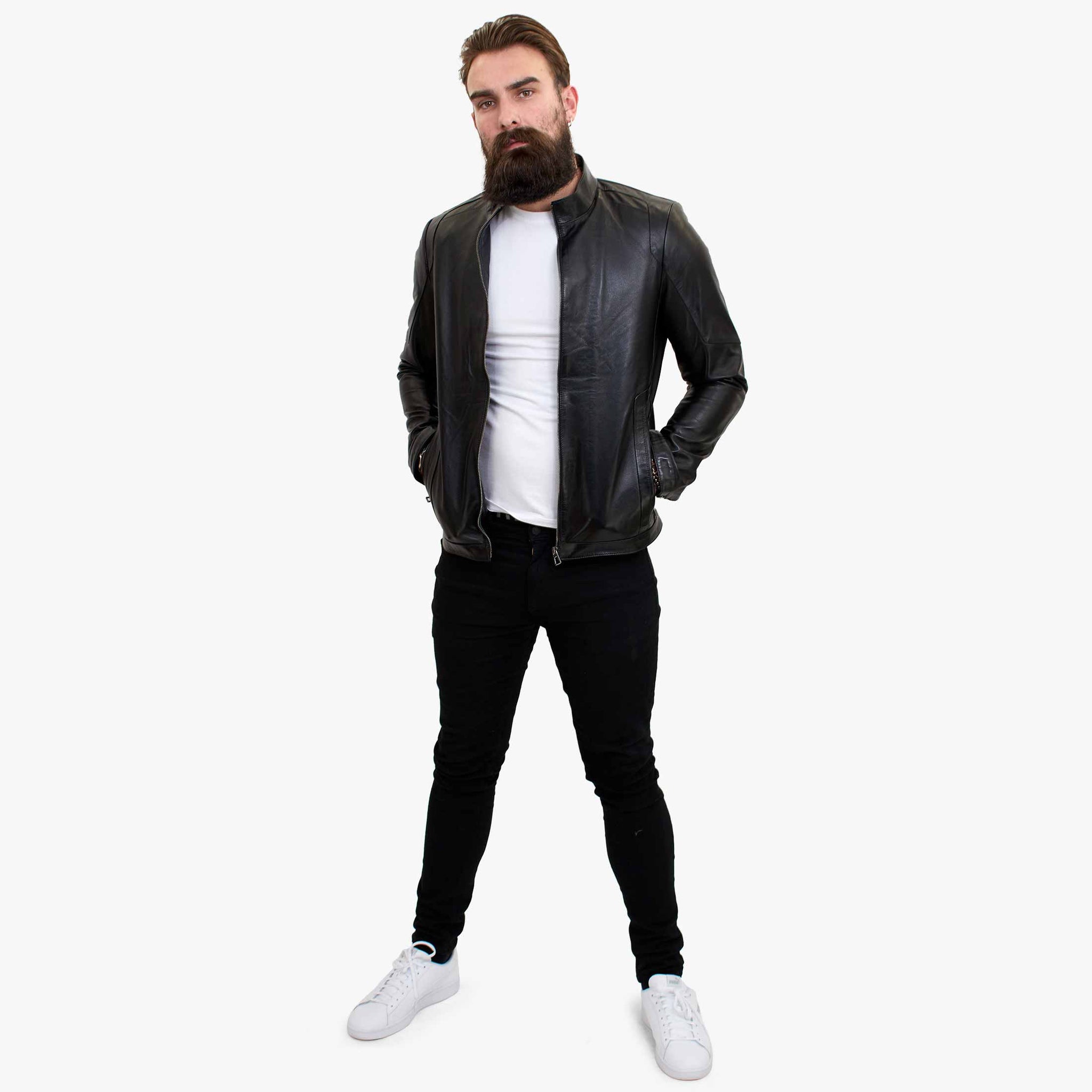 Happy Gentleman B102 - Moška črna motoristična jakna iz pravega usnja, krojen kroj