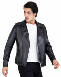 Happy Gentleman B104 - Moška jakna iz pravega usnja z zadrgo Brando črne barve slim fit