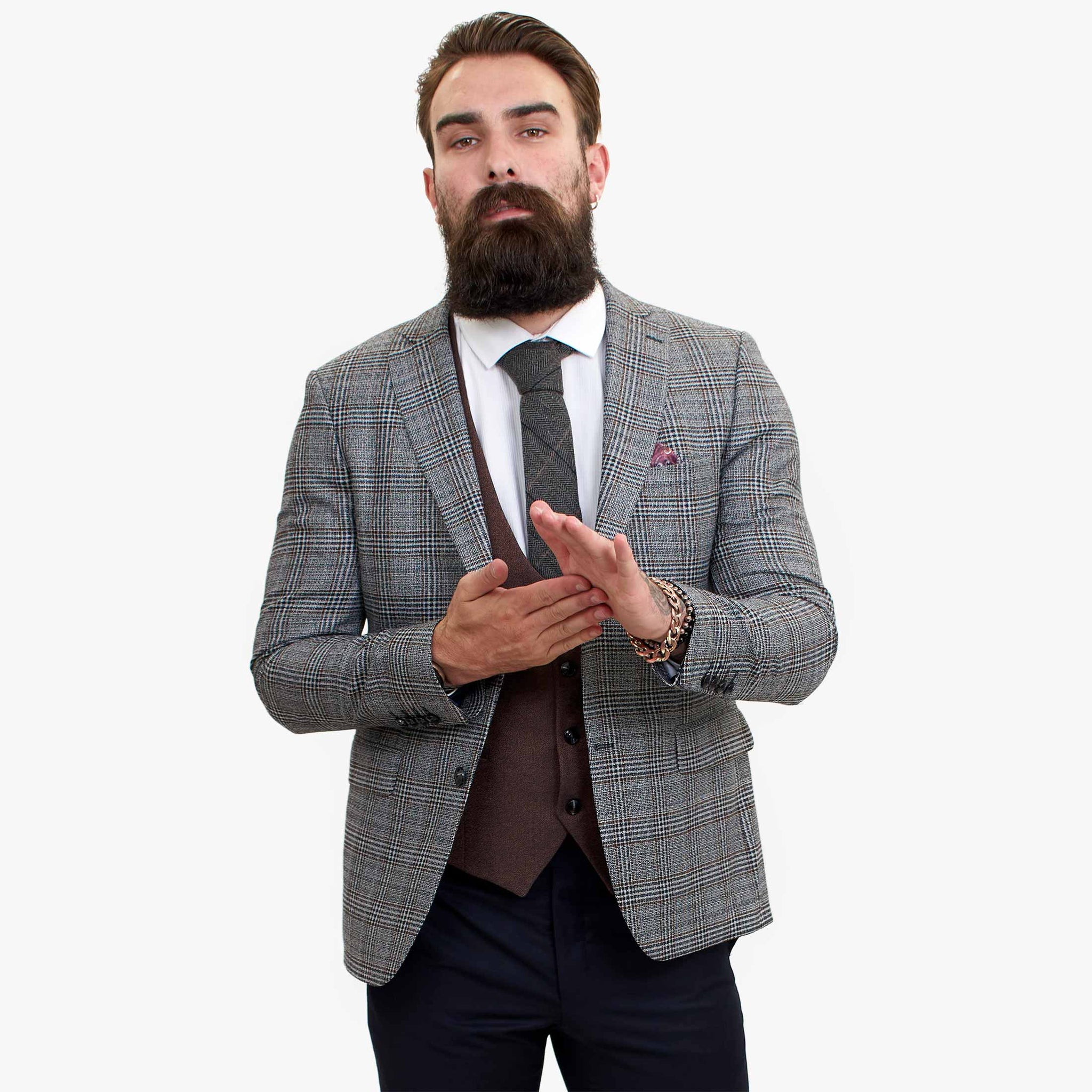 ELEGANTNA volnena obleka iz 3 delov Happy Gentleman s kontrastnim rjavim telovnikom