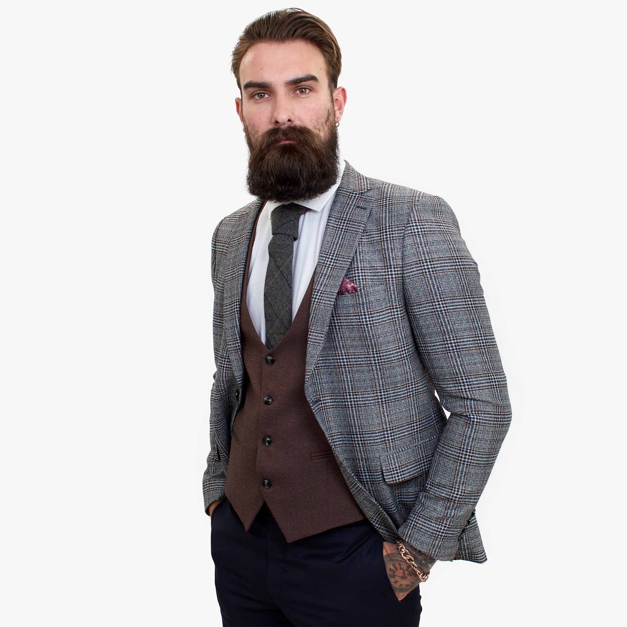 ELEGANTNA volnena obleka iz 3 delov Happy Gentleman s kontrastnim rjavim telovnikom