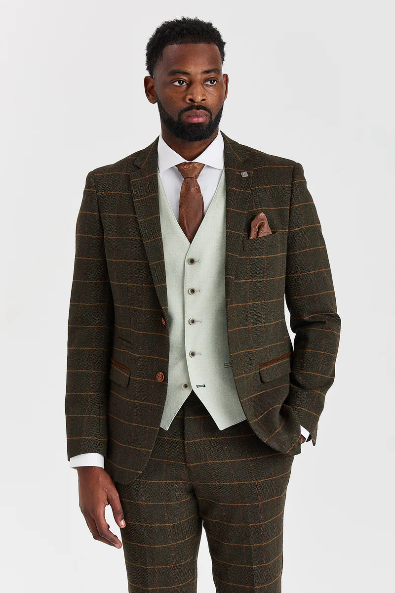 Harris Green Check Tweed obleka s kontrastnim telovnikom Belmont Sage