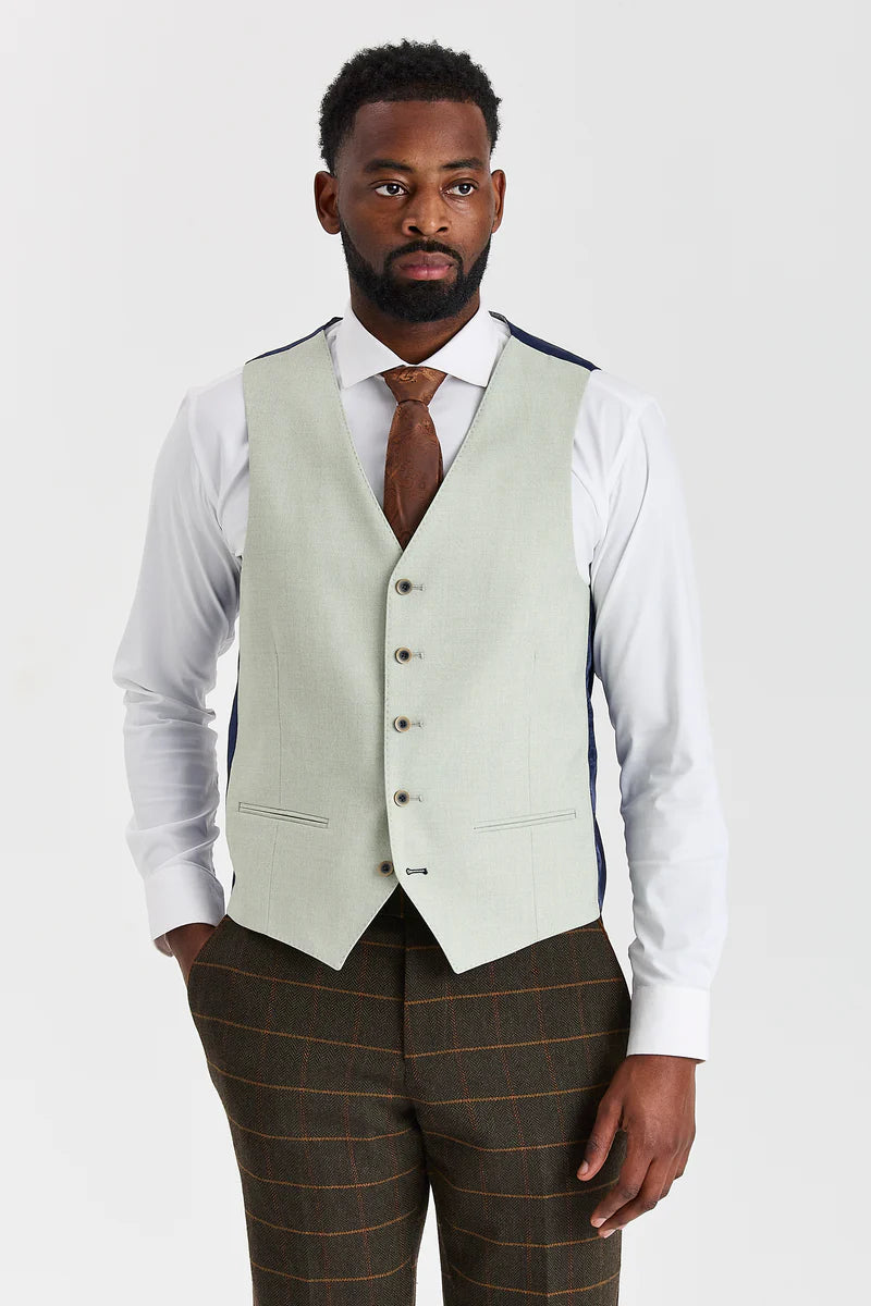 Harris Green Check Tweed obleka s kontrastnim telovnikom Belmont Sage