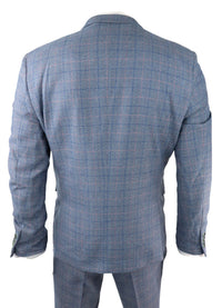 Moška 3-delna obleka nebesno modra karo volna Marc Darcy krojeni kroj poroka maturantski ples Harry
