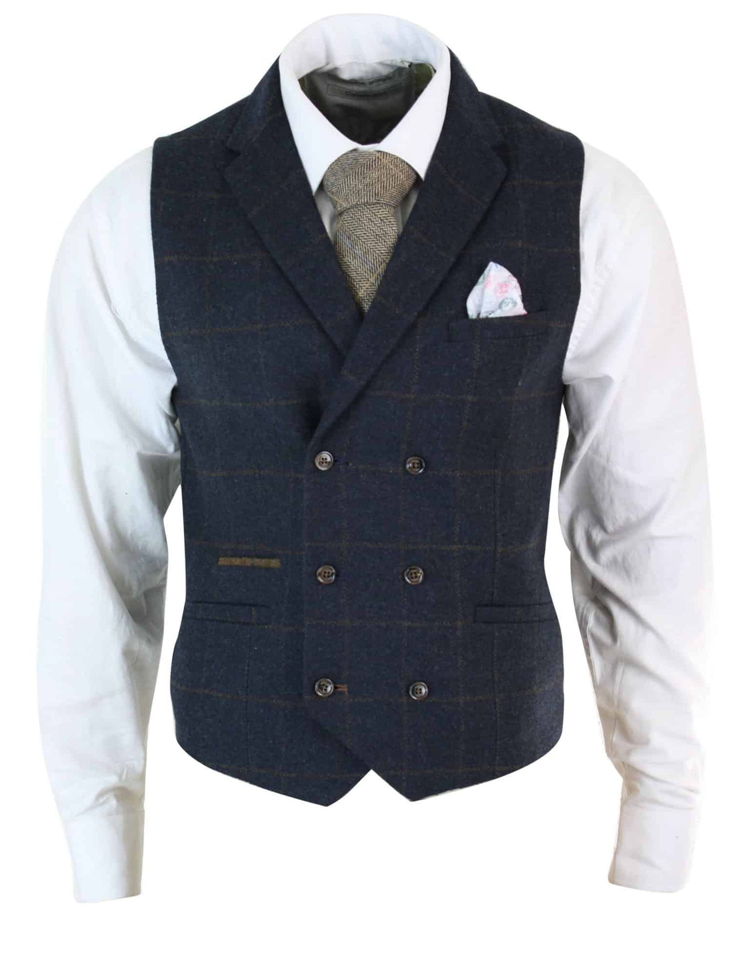 Moški dvoredni tvidasti telovnik Peaky Blinders z vzorcem ribje kosti in vintage karirastim vzorcem, temno moder