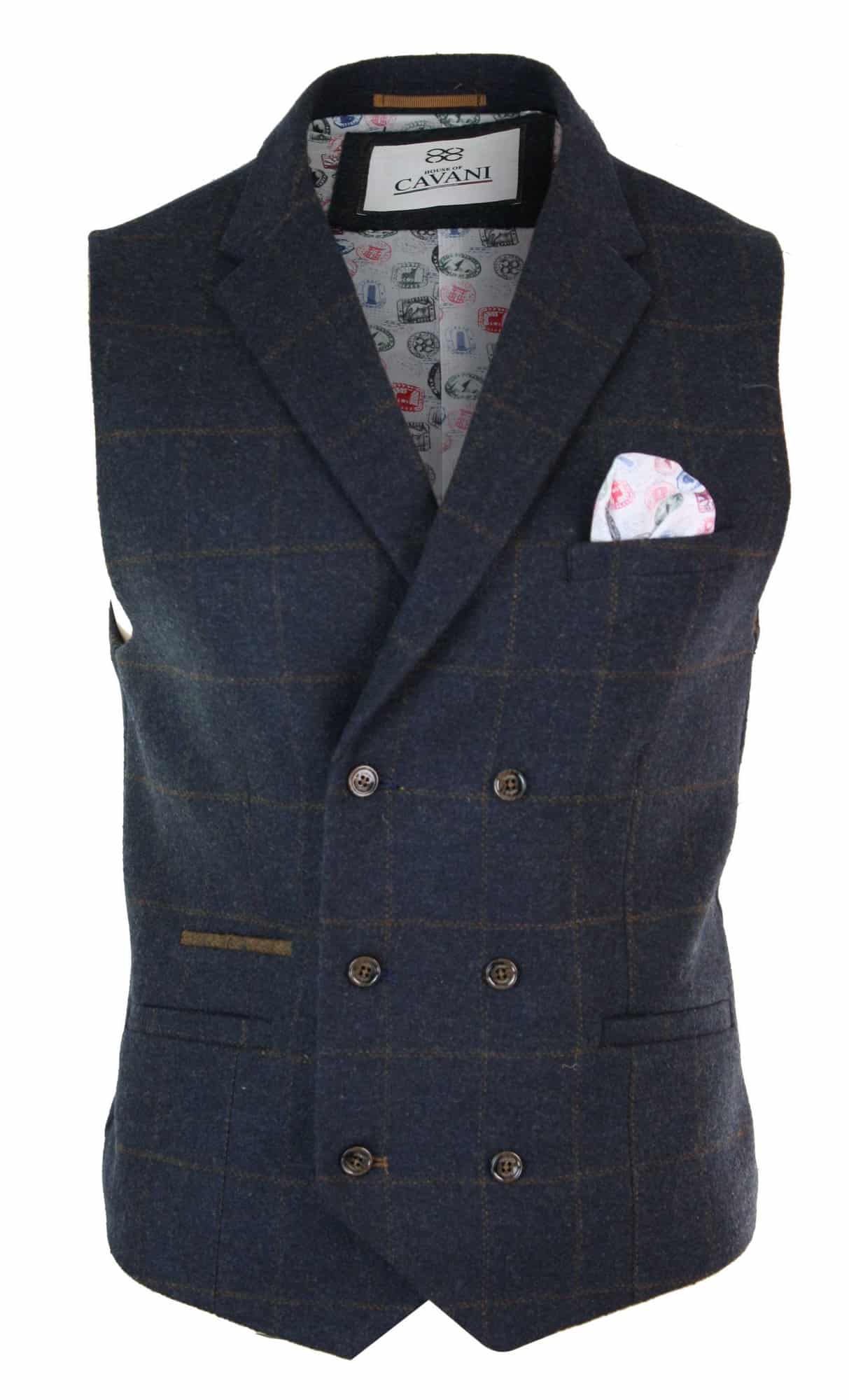 Moški dvoredni tvidasti telovnik Peaky Blinders z vzorcem ribje kosti in vintage karirastim vzorcem, temno moder
