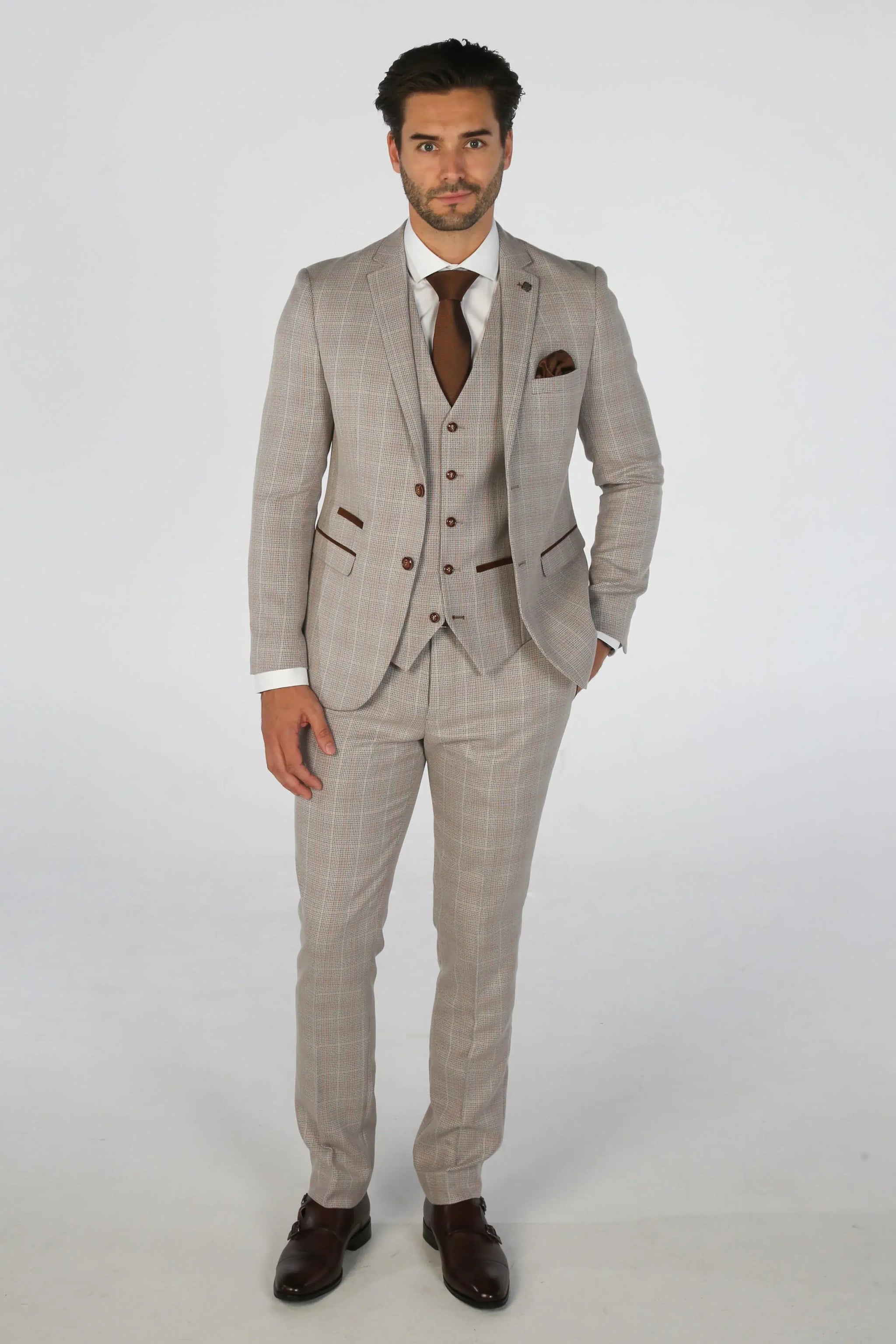 Leo - Moška bež 3-delna karirasta obleka po meri
