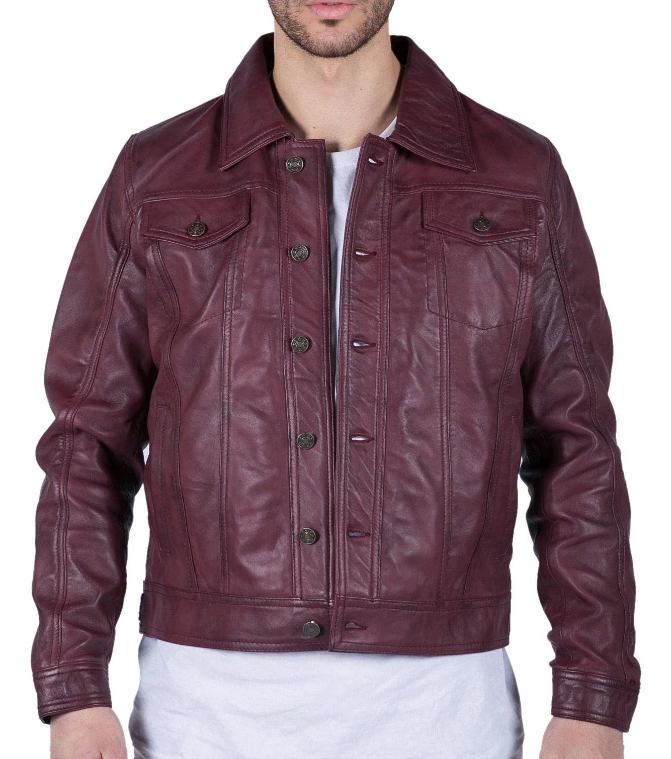 Moška usnjena srajčna jakna bordo vinsko rjava v retro stilu kavbojk Brando Classic