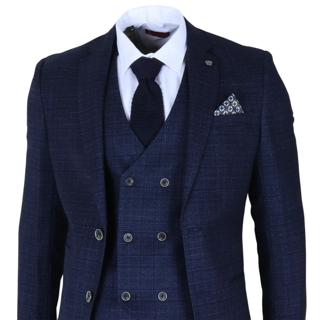 Luis - Moška modra karo obleka slim fit 3 kosi