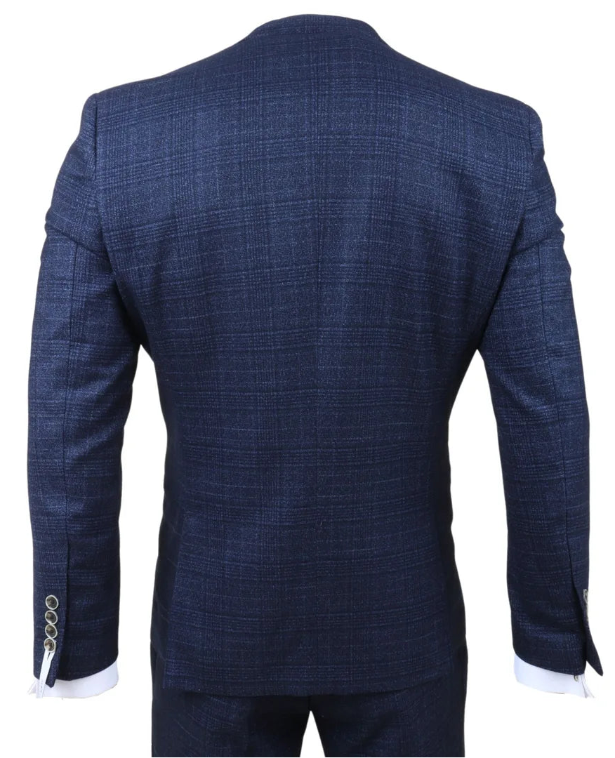 Luis - Moška modra karo obleka slim fit 3 kosi