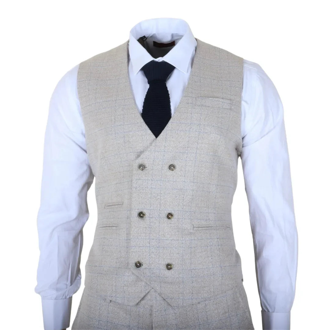 Luis - Moška kremna karo obleka slim fit 3 kosi