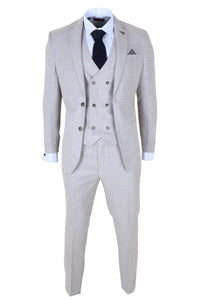 Luis - Moška kremna karo obleka slim fit 3 kosi