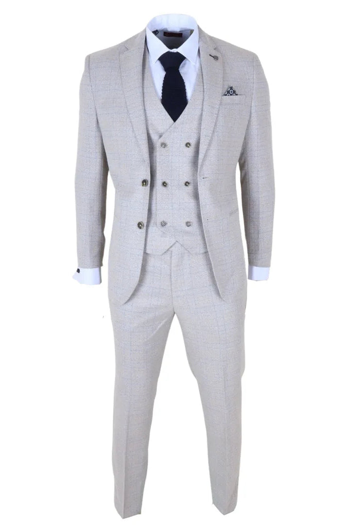 Luis - Moška kremna karo obleka slim fit 3 kosi
