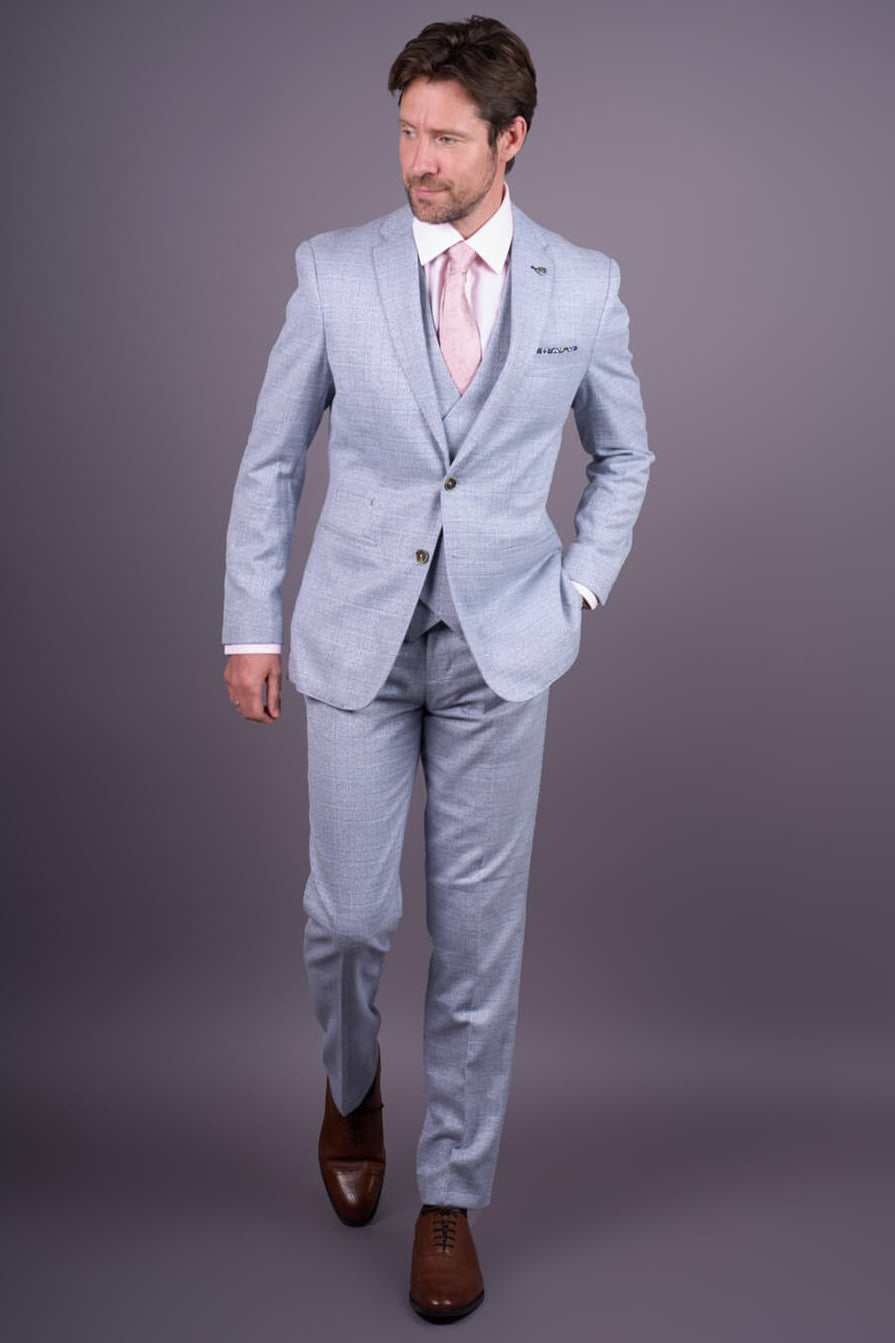 Luis - Moška svetlo modra karo obleka slim fit 3 kosi