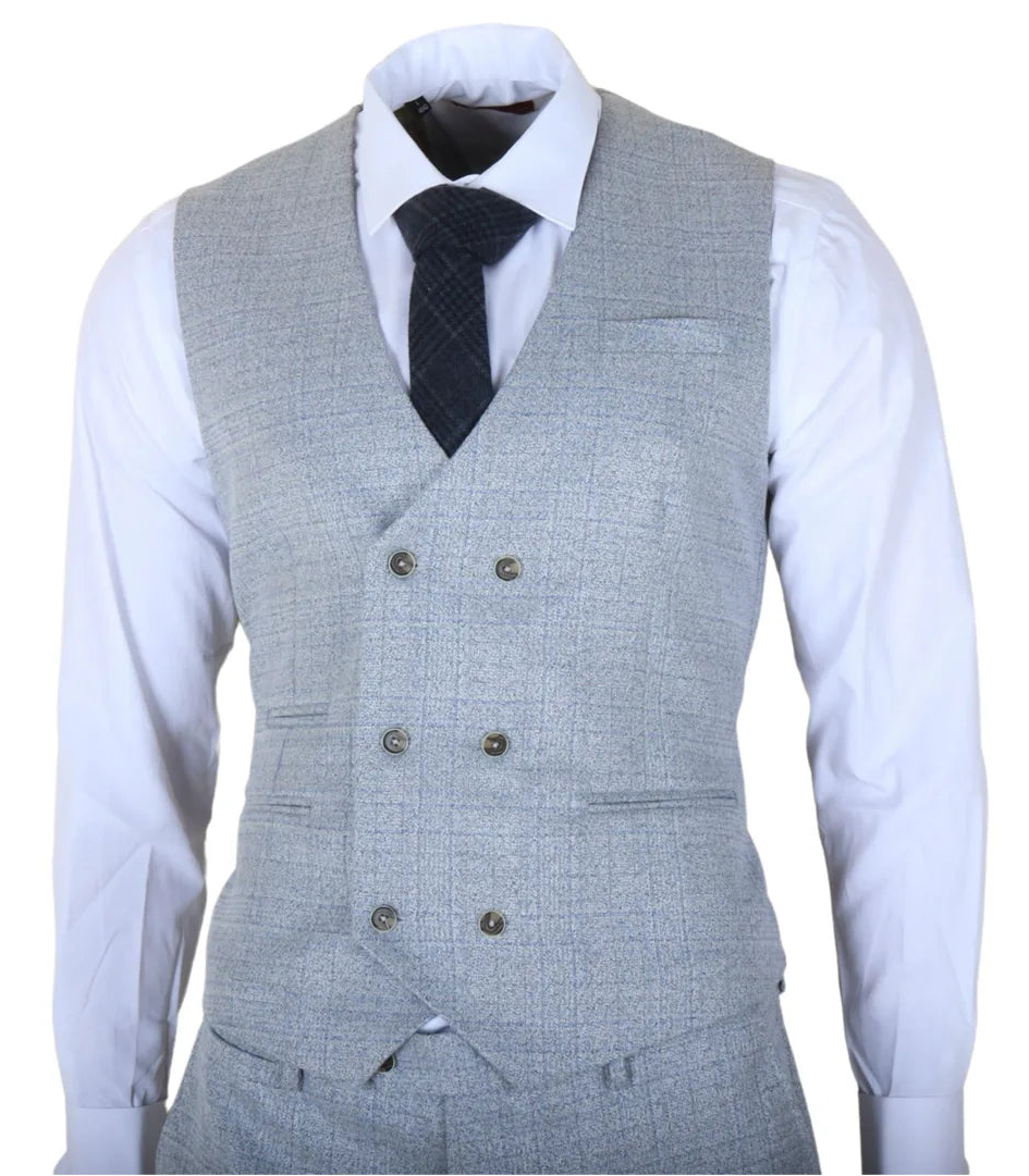 Luis - Moška svetlo modra karo obleka slim fit 3 kosi