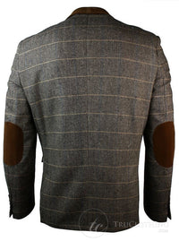 Moški vintage tvid blazer oprijet, sivo-rjave barve, karo vzorec ribje kosti