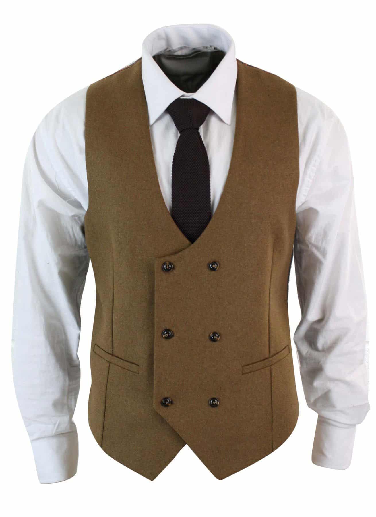 Moški dvoredni filcani tvidni vintage retro klasičen telovnik slim fit vzorcem ribje kosti - Melton DBC rjava