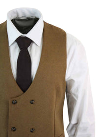 Moški dvoredni filcani tvidni vintage retro klasičen telovnik slim fit vzorcem ribje kosti - Melton DBC rjava