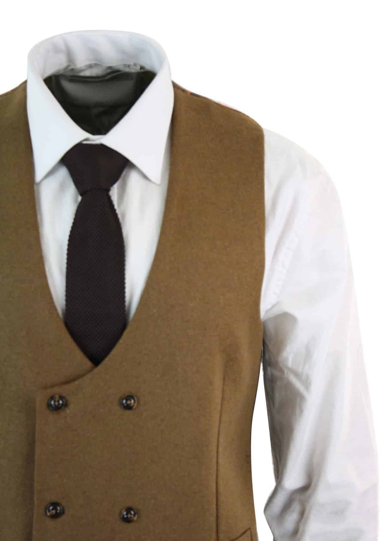 Moški dvoredni filcani tvidni vintage retro klasičen telovnik slim fit vzorcem ribje kosti - Melton DBC rjava