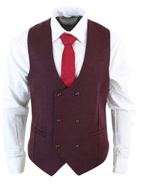 Moški dvoredni filcani tvidni vintage retro klasičen telovnik slim fit ribjo kostjo - Melton DBC vino