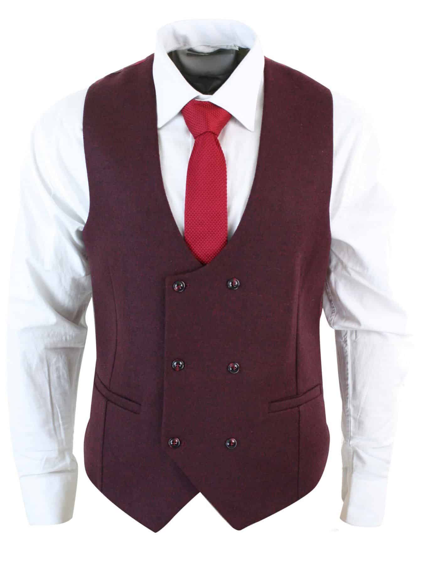 Moški dvoredni filcani tvidni vintage retro klasičen telovnik slim fit ribjo kostjo - Melton DBC vino