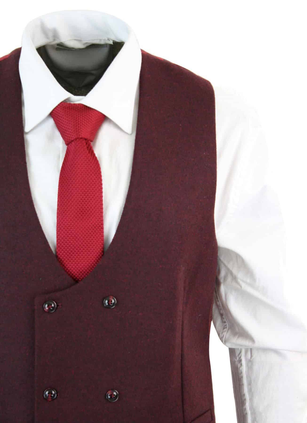 Moški dvoredni filcani tvidni vintage retro klasičen telovnik slim fit ribjo kostjo - Melton DBC vino