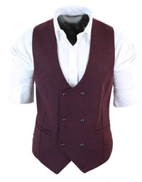 Moški dvoredni filcani tvidni vintage retro klasičen telovnik slim fit ribjo kostjo - Melton DBC vino