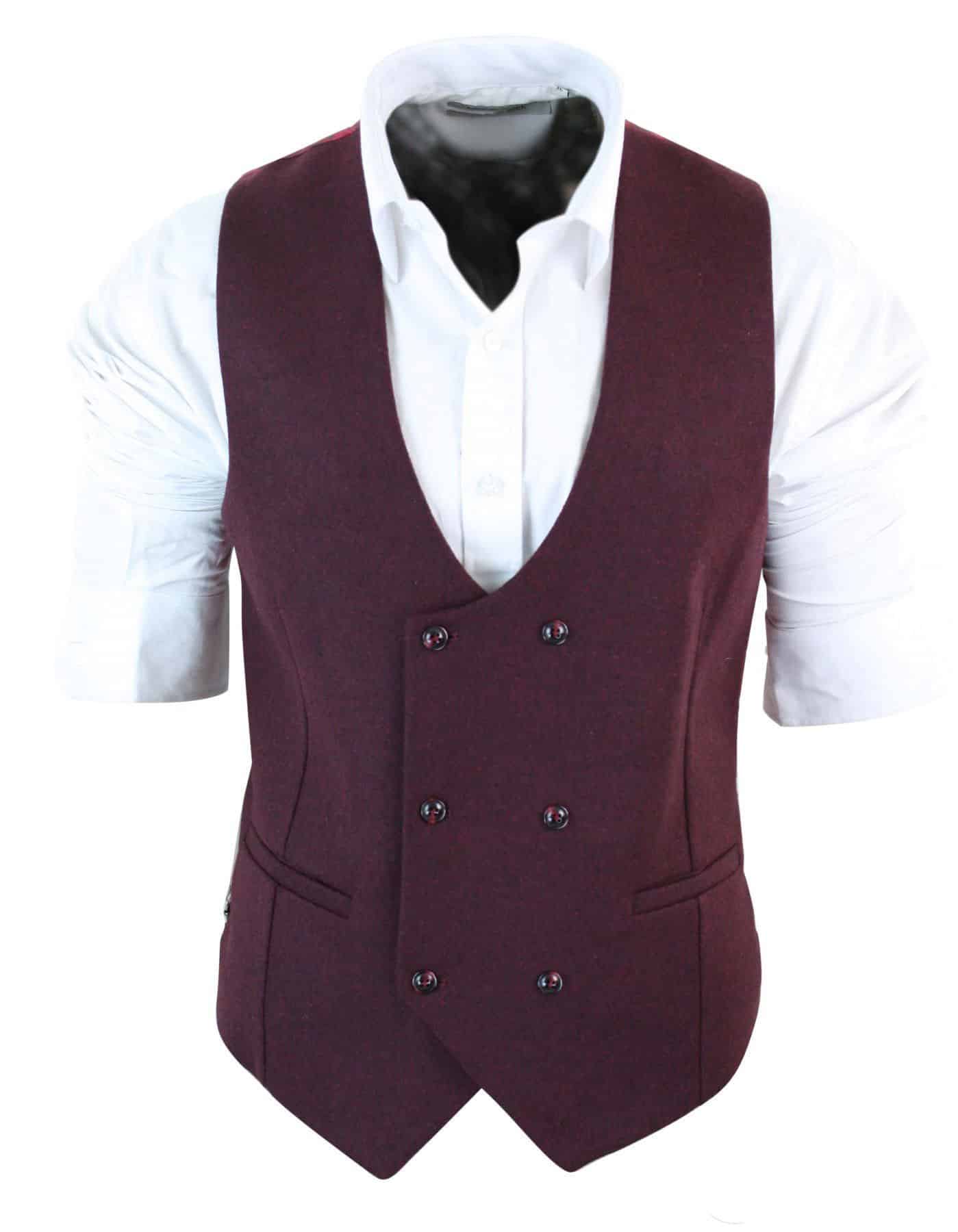 Moški dvoredni filcani tvidni vintage retro klasičen telovnik slim fit ribjo kostjo - Melton DBC vino