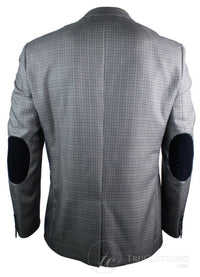 Moški tvid vintage retro siv karirasti blazer z našitki na komolcu, črne barve, krojen